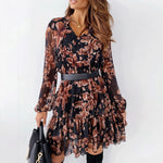 V Neck Floral Print Ruffle Dress