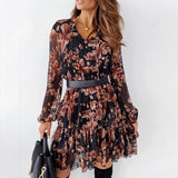 V Neck Floral Print Ruffle Dress